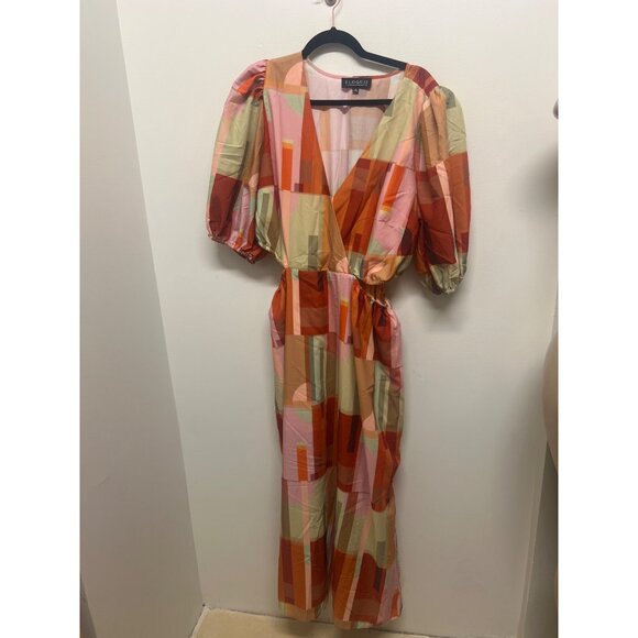 Geometric Print Puff Sleeve Maxi Dress With Belt By Eloquii - Picture 4 of 9